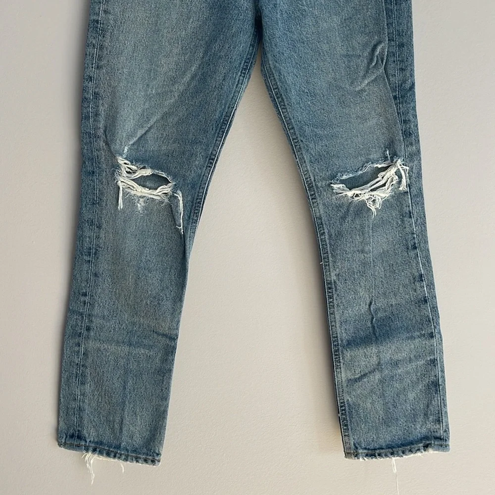 Agolde Riley Medium Wash Distressed High Rise Straight Jeans 24 - Picture 5 of 14